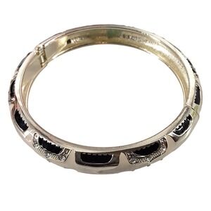 Vintage‎ Black Enamel Gold Tone Hinged Bangle Bracelet Rhinestone Art Deco Style